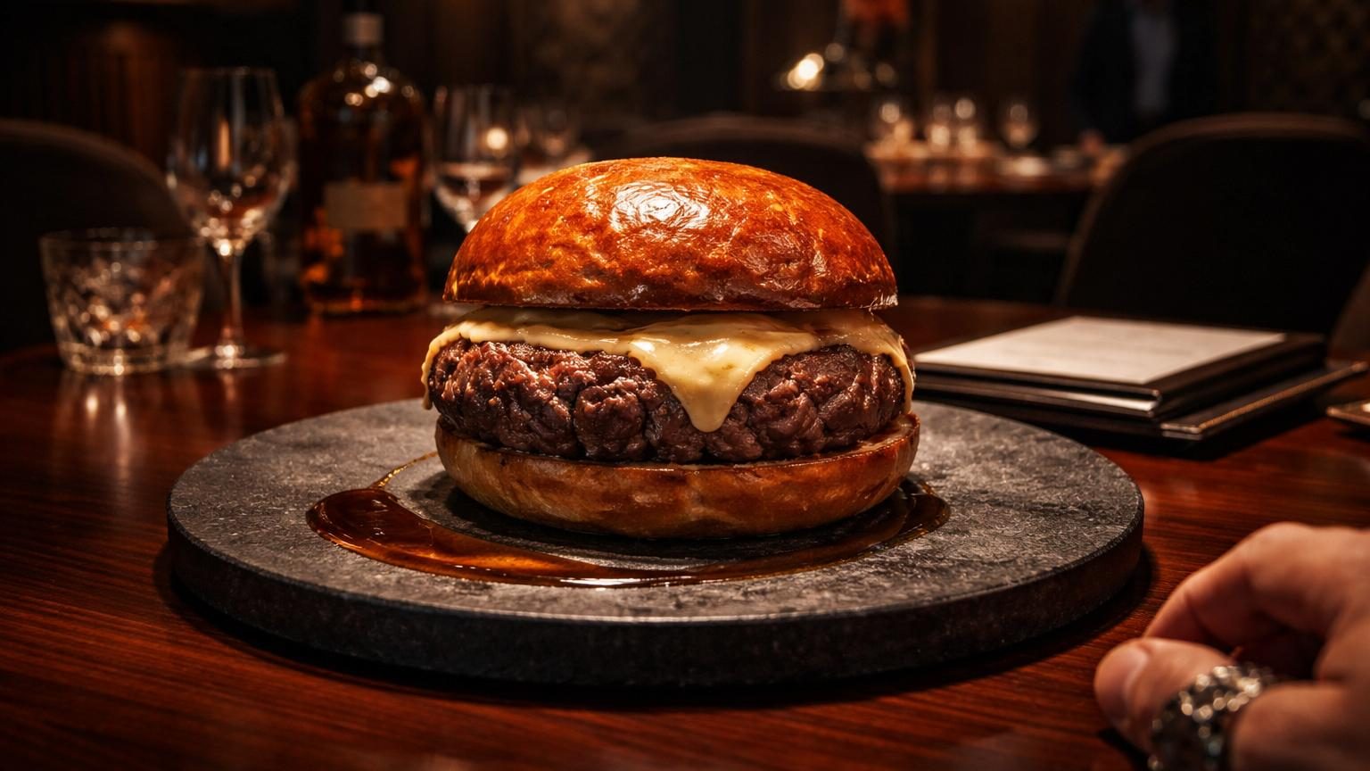 Un burger haut de gamme servi dans une assiette élégante, présenté dans une ambiance gastronomique raffinée et exclusive.