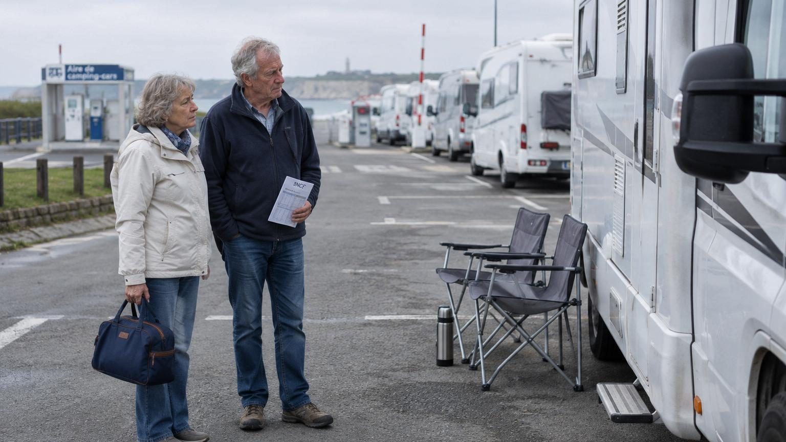 Un couple de retraités regardant pensifs leur camping-car immobilisé, symbolisant l'abandon du rêve mobile pour une vie de voyage plus stable et ancrée.
