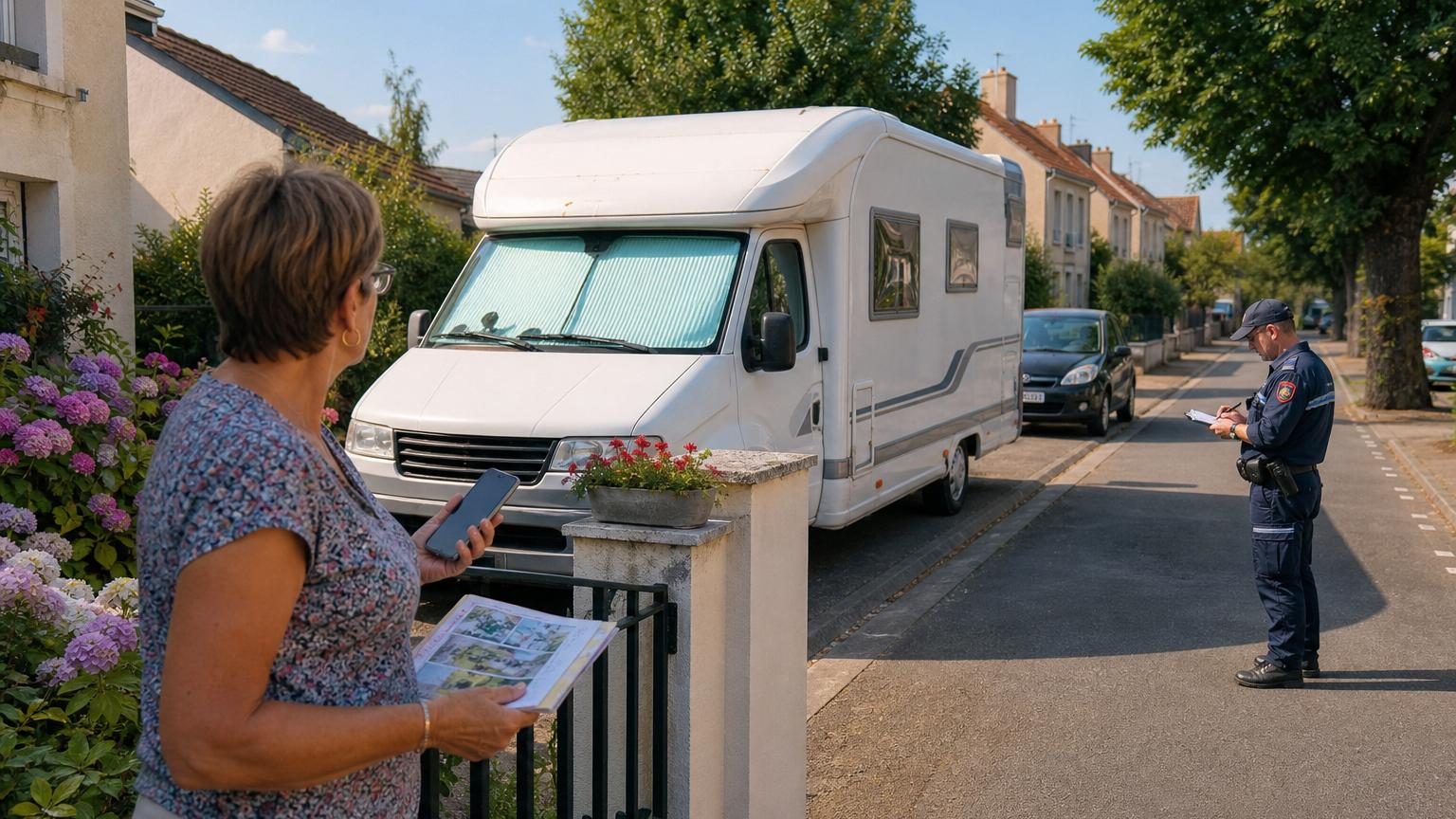 Camping-car blanc stationné sur la chaussée devant un portail résidentiel, rideaux fermés, sans signe d'activité.