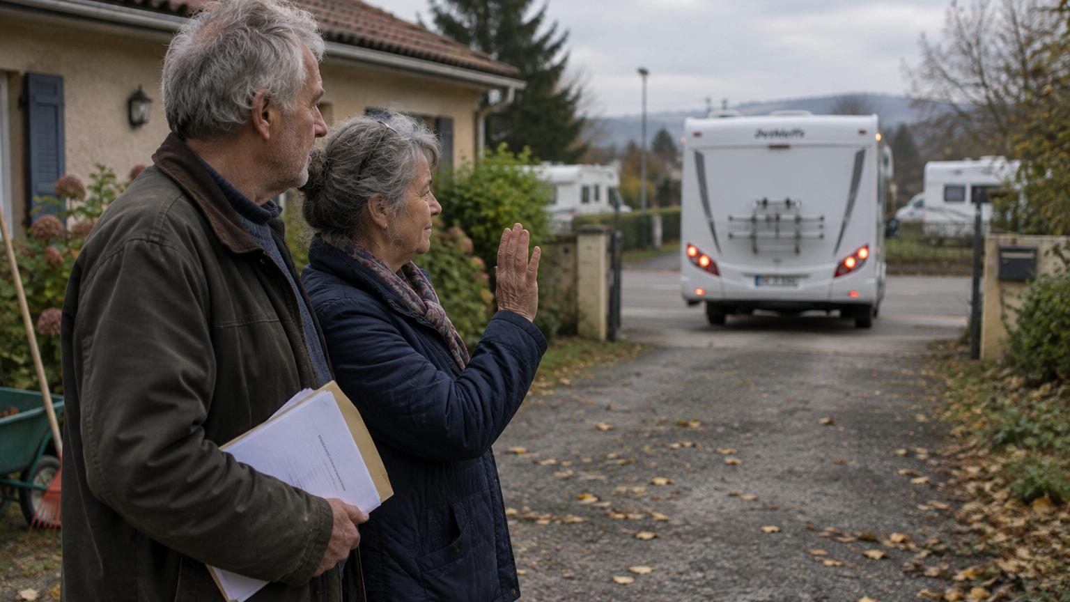 Un couple de retraités assis à l'intérieur d'un camping-car, regardant des papiers et des factures, l'air préoccupé par les calculs budgétaires.