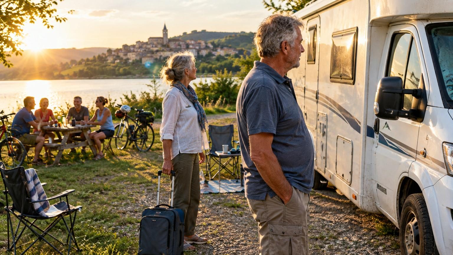 Un camping-car garé sur une aire de services au bord d'un lac, avec plusieurs véhicules proches les uns des autres et des cyclistes à proximité.