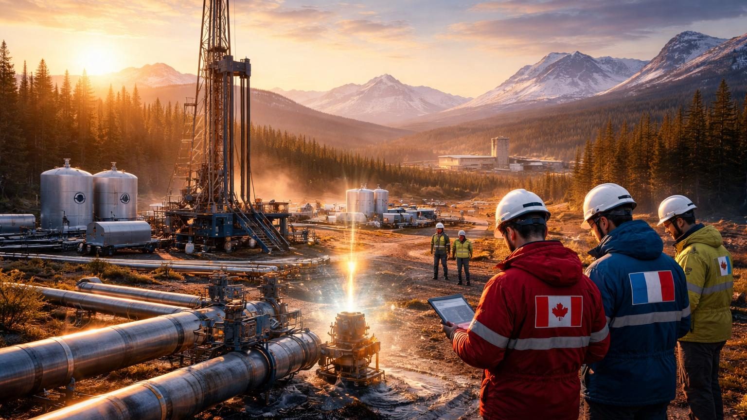 Site de forage d'hydrogène naturel avec derricks et installations industrielles, illustrant le premier forage canadien dédié à l'exploitation de l'hydrogène doré.