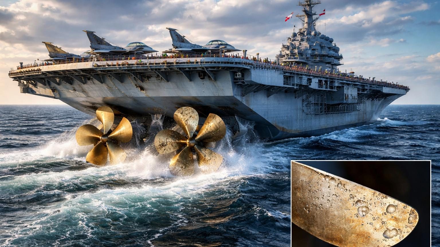 Le porte-avions nucléaire Charles de Gaulle en mer, équipé temporairement d'hélices de récupération provenant d'anciens navires de la Marine française.