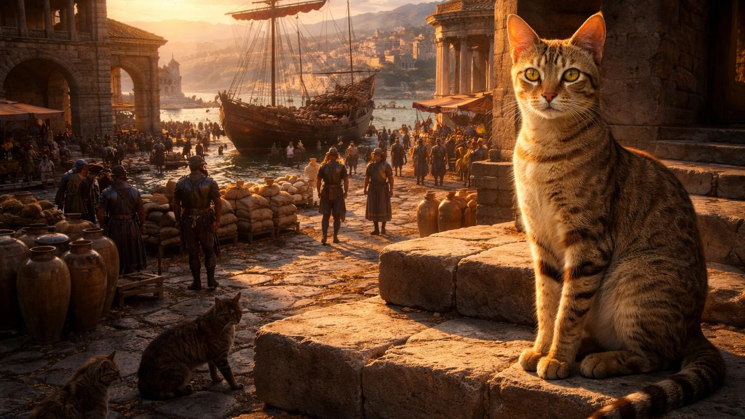Représentation d'un chat domestique assis, symbolisant l'histoire de sa domestication récente par l'Empire romain.