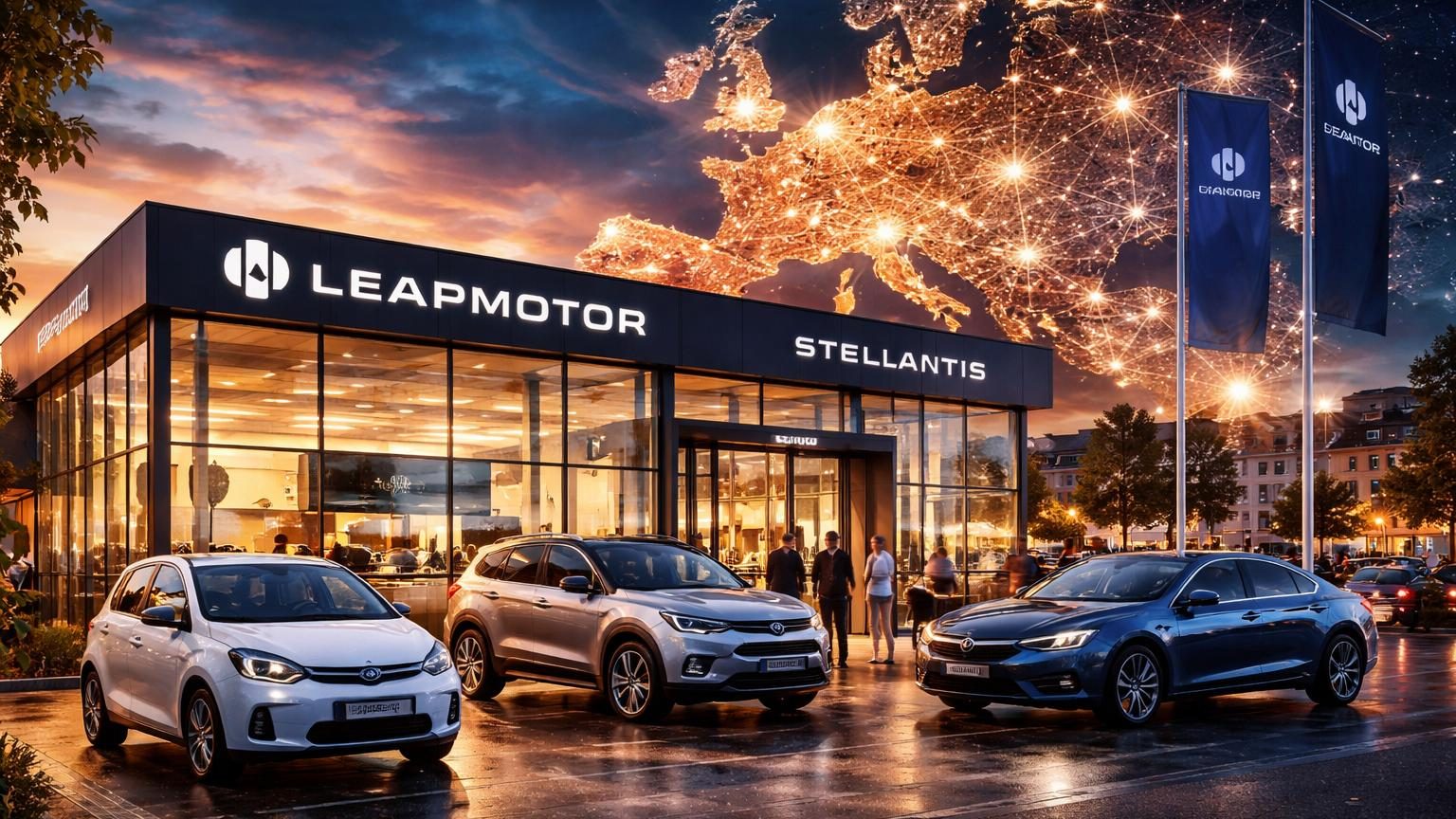 Showroom ou point de vente Leapmotor affichant des véhicules électriques T03, B05 ou B10 en exposition, symbolisant l'implantation du constructeur chinois en Europe.