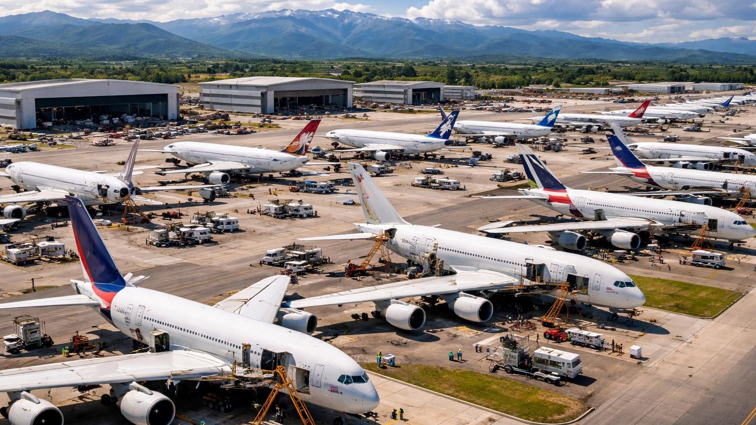 Alignement d'Airbus A380 géants stationnés sur le tarmac d'un site industriel, symbole de la fin de vie et du recyclage des avions de ligne commerciaux.