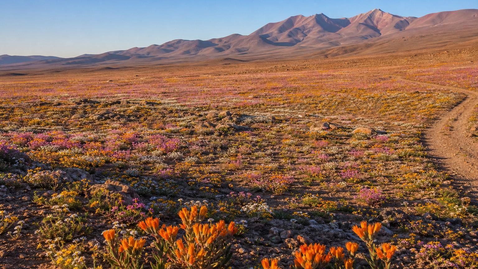 Étendue de désert ocre parsemée de fleurs sauvages violettes, jaunes et blanches formant des nappes colorées au pied des collines arides du nord du Chili