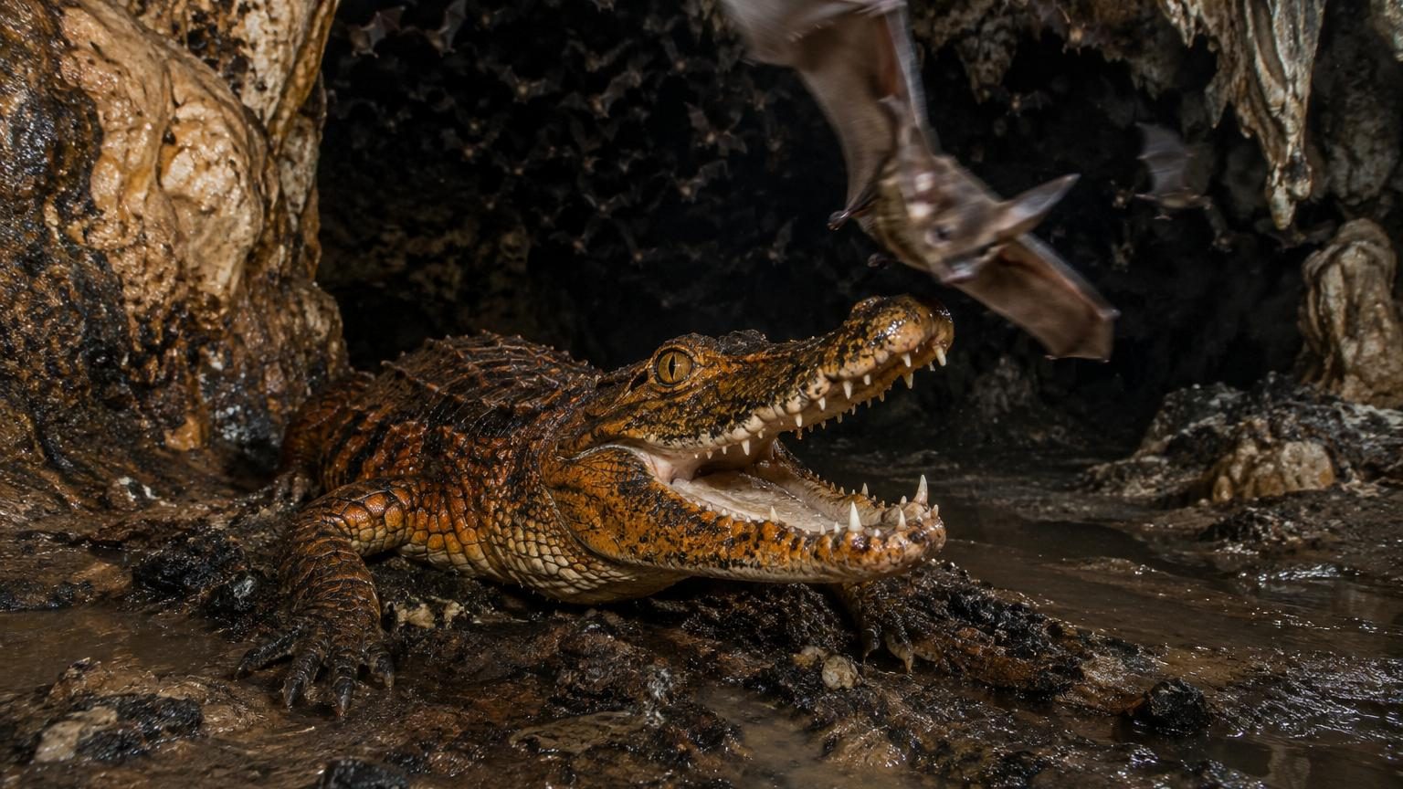 Crocodile nain aux teintes orangées évoluant dans l'obscurité d'une grotte recouverte de guano, attrapant une chauve-souris en vol.