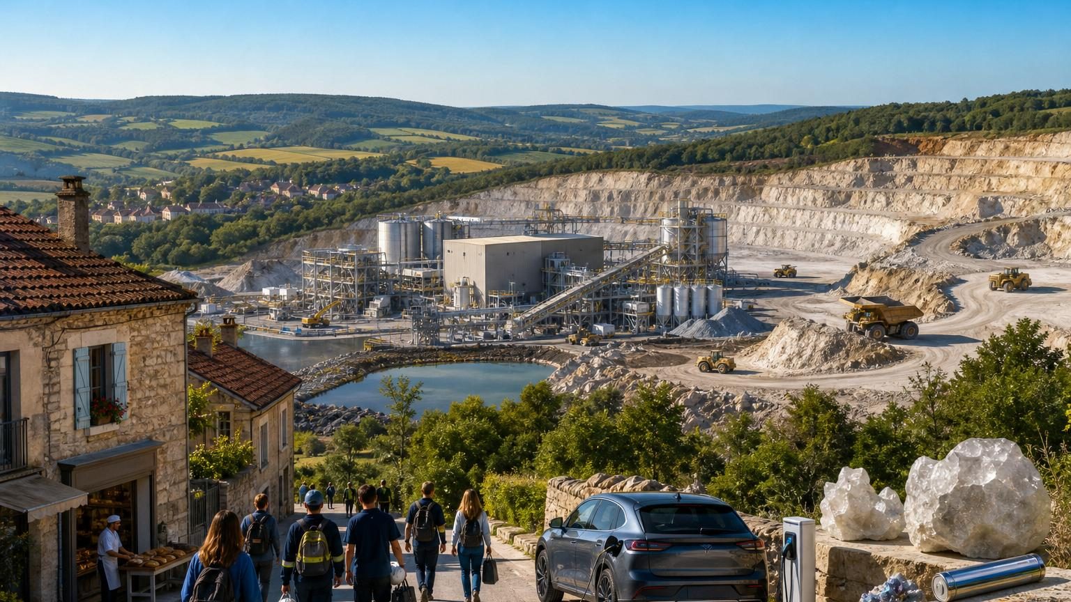 Vue aérienne du gisement de Beauvoir près d'Échassières avec la carrière de kaolin et les installations d'exploitation prévues pour 2028 dans l'Allier.