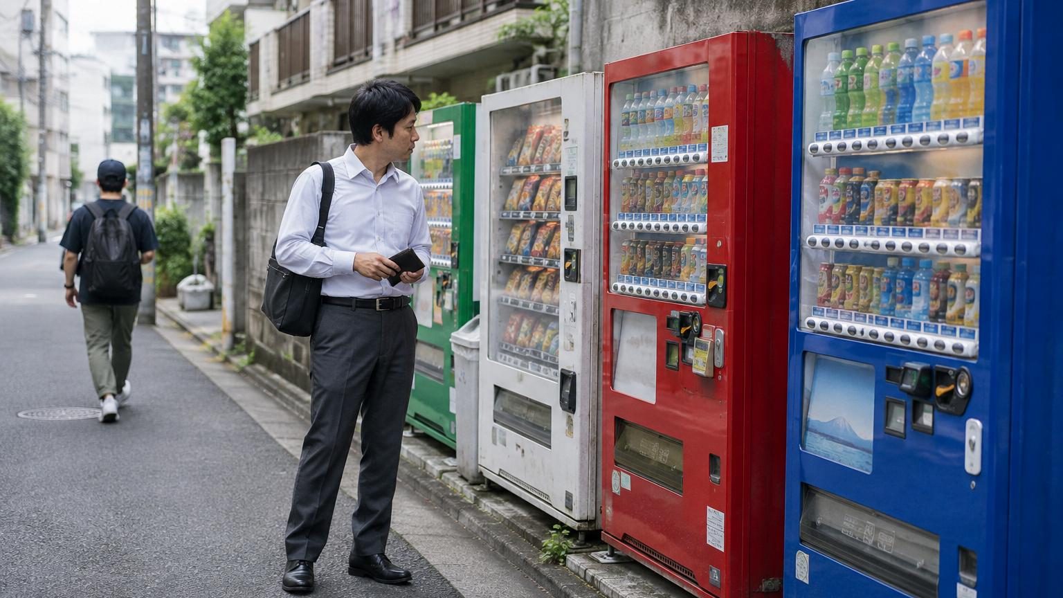 Rangées de distributeurs automatiques colorés alignés contre les murs d'une rue urbaine japonaise, proposant boissons, snacks et divers produits.