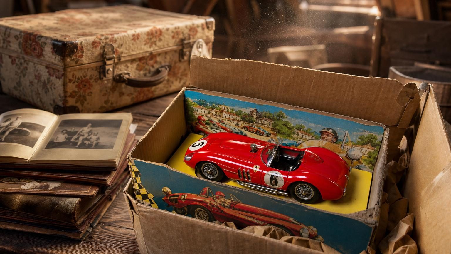 Petite voiture miniature en métal de couleur rouge dans sa boîte d'origine préservée depuis les années 1960, photographiée sous la poussière dans un carton ancien.