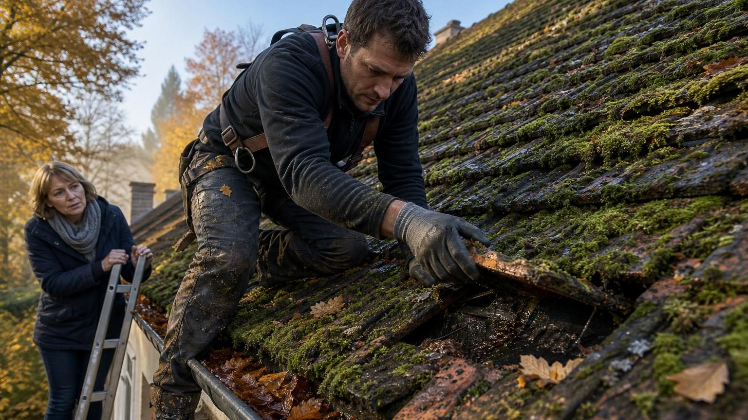 Un couvreur en gilet jaune inspecte les tuiles d'un toit recouvertes partiellement de mousse verte, main sur une tuile, sur un versant nord ombragé.