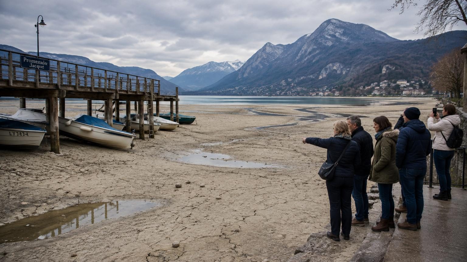 Rive du lac d'Annecy découvrant des bancs de sable bige clair, avec des pontons surélevés au-dessus de l'eau basse et des cygnes naviguant dans une profondeur réduite.