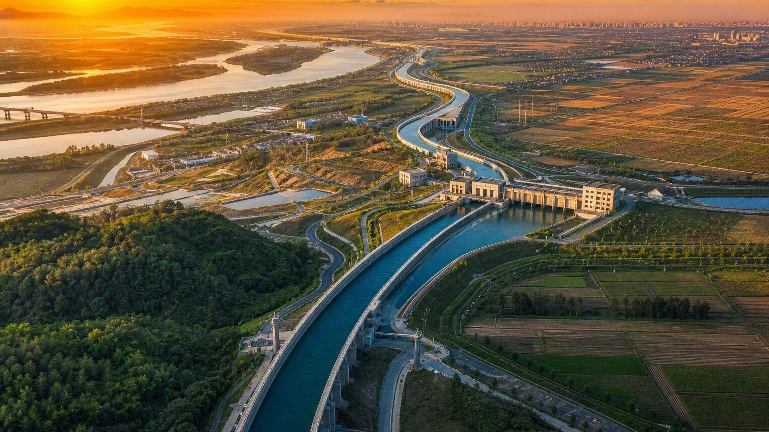 Vue aérienne d'un grand canal chinois transportant l'eau entre montagnes et vallées, symbolisant le projet géant de transfert hydraulique nord-sud.