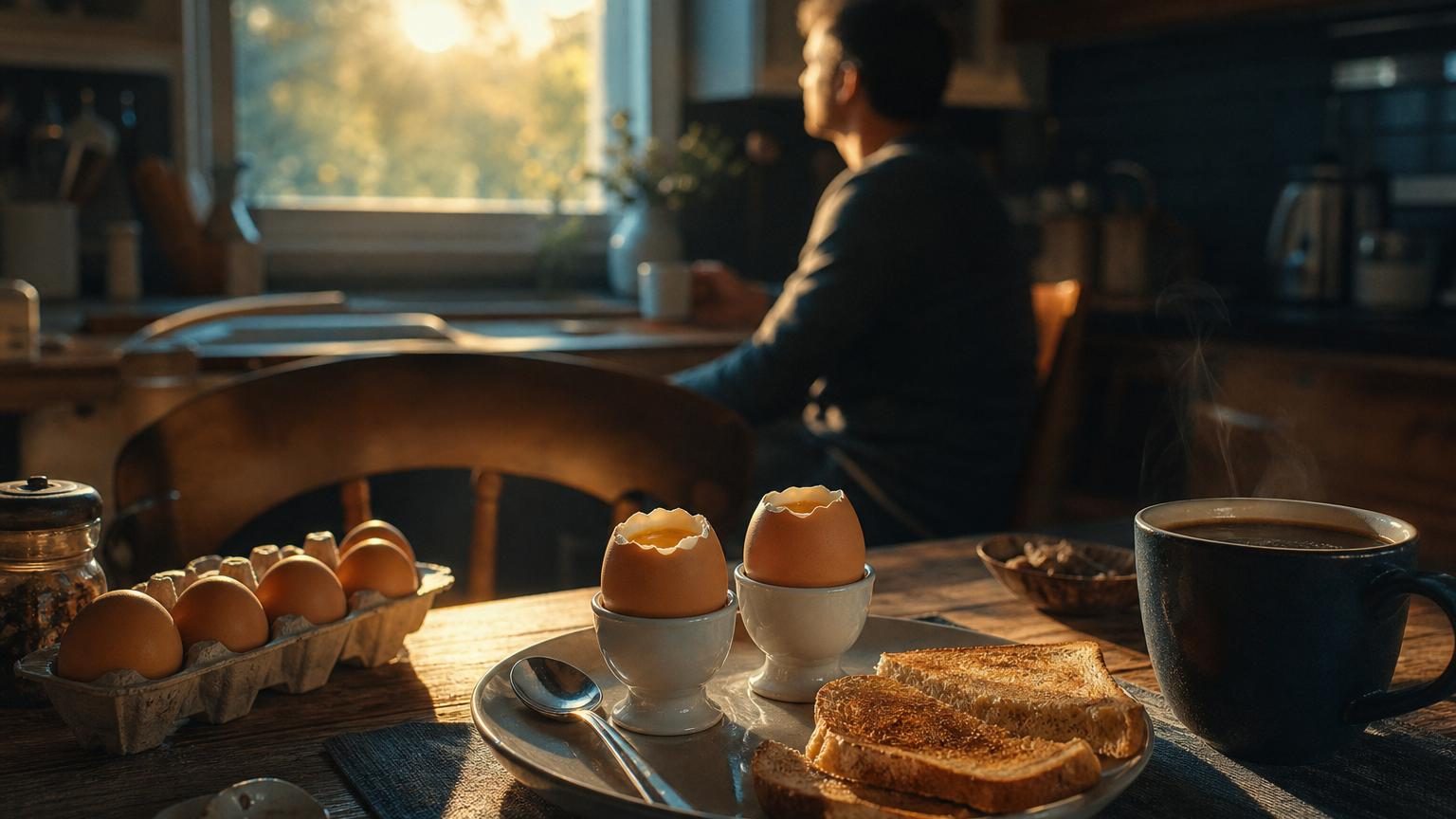 Assiette avec deux œufs, pain grillé doré et tasse de café noir fumante, illustrant un petit-déjeuner simple et régulier