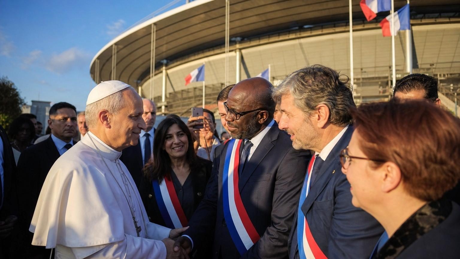 Le Stade de France à Saint-Denis, grande enceinte sportive pouvant accueillir une rencontre officielle avec des représentants religieux et politiques.