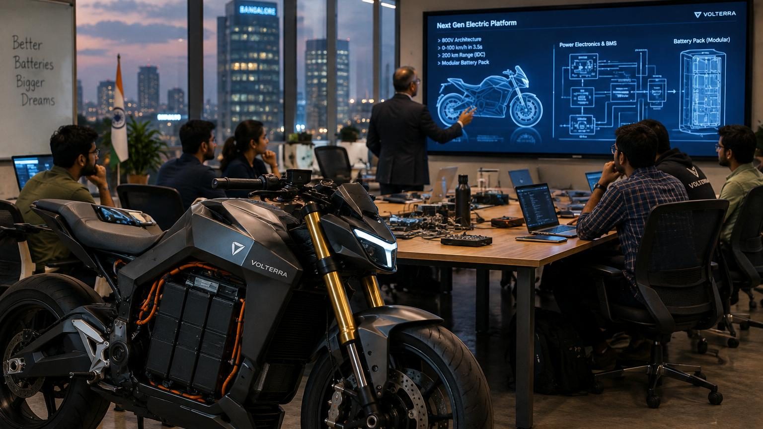 Directeur d'Intel en costume devant le logo de la marque Ultraviolette et une moto électrique sportive.
