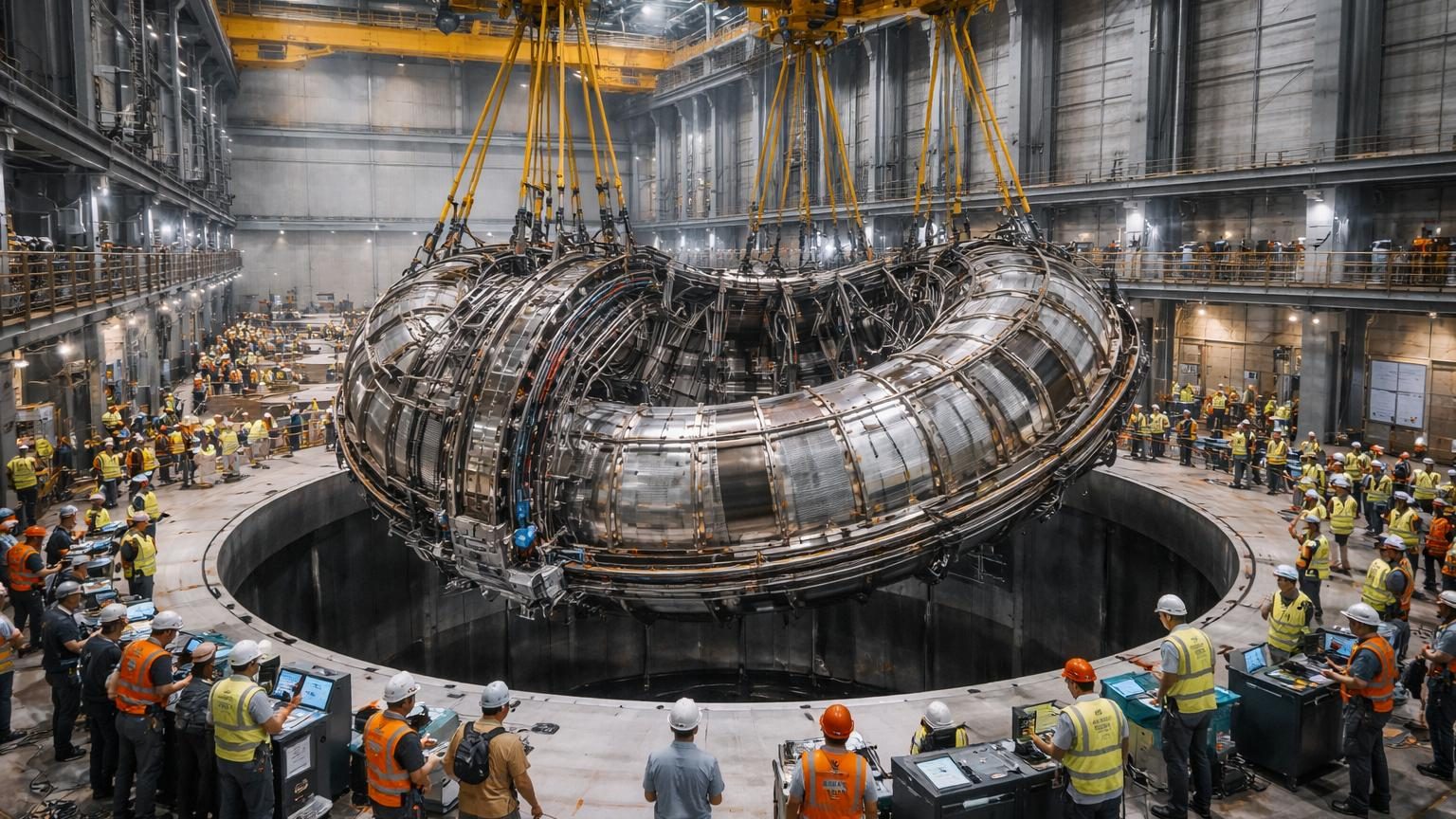 Vue aérienne du chantier ITER à Saint-Paul-lez-Durance montrant un immense module de 1 400 tonnes suspendu au-dessus d'un puits d'installation dans un bâtiment d'assemblage haut d'environ 80 mètres.