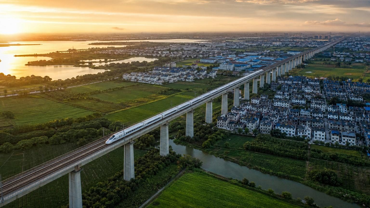 Vue aérienne du Grand Pont de Danyang-Kunshan, longue structure surélevée de béton et d'acier traversant des paysages plats et une portion du lac Yangcheng en Chine