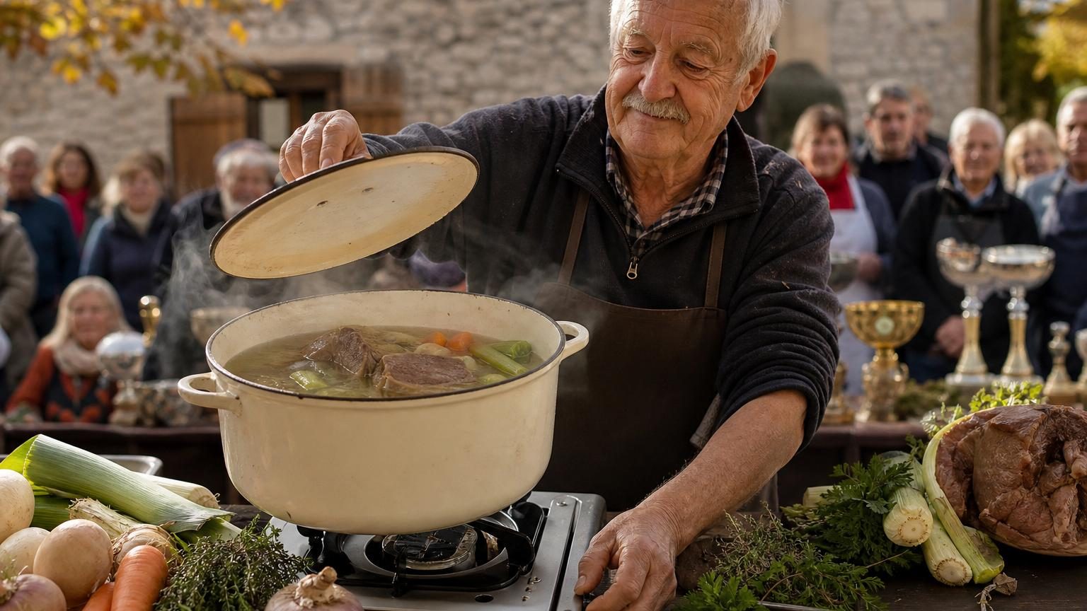 Robert, 76 ans, soulevant légèrement le couvercle d'une grande marmite remplie de pot-au-feu aux légumes et à la viande, avec un léger frémissement visible à la surface du bouillon clair.