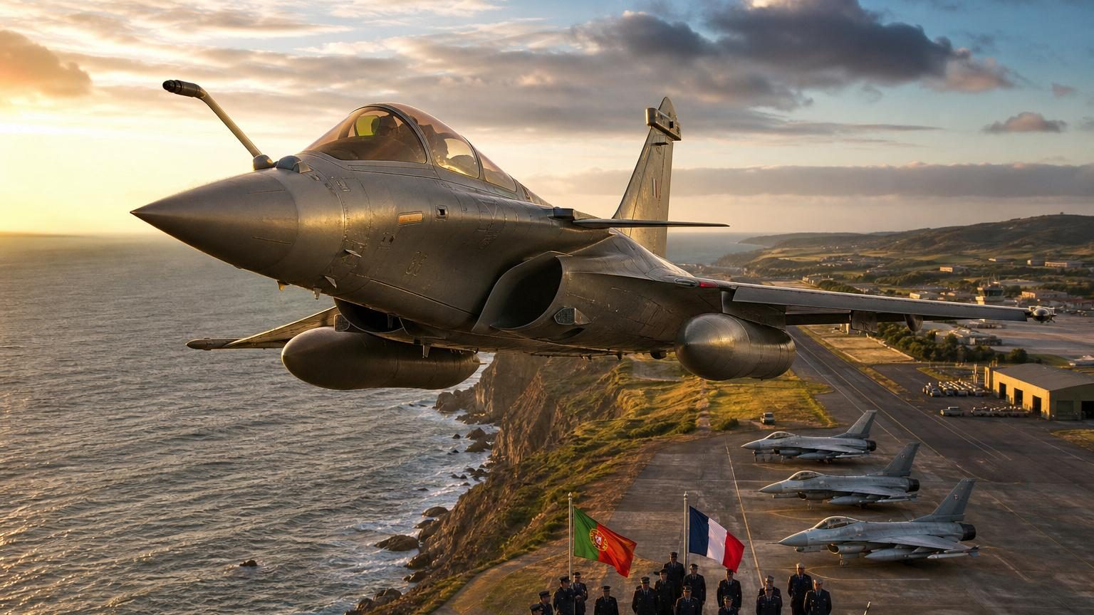 Avion de combat Rafale en vol au-dessus d'une zone côtière européenne, symbolisant les acquisitions militaires et la stratégie de défense continentale.