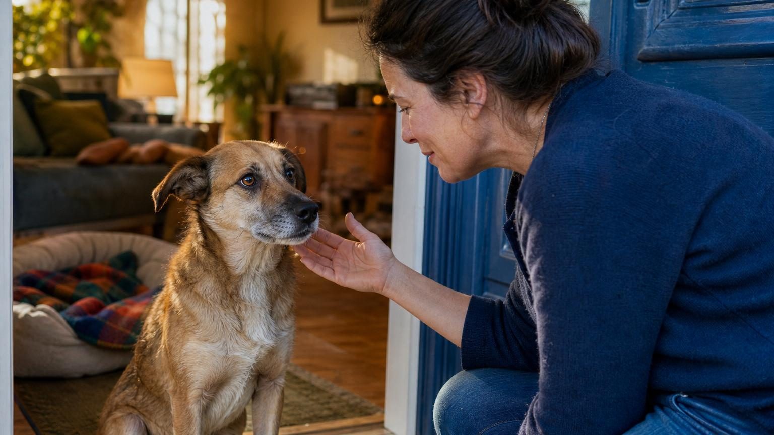Un chien au regard expressif, assis près d'une femme qui le caresse tendrement, symbole de l'adoption et de la seconde chance