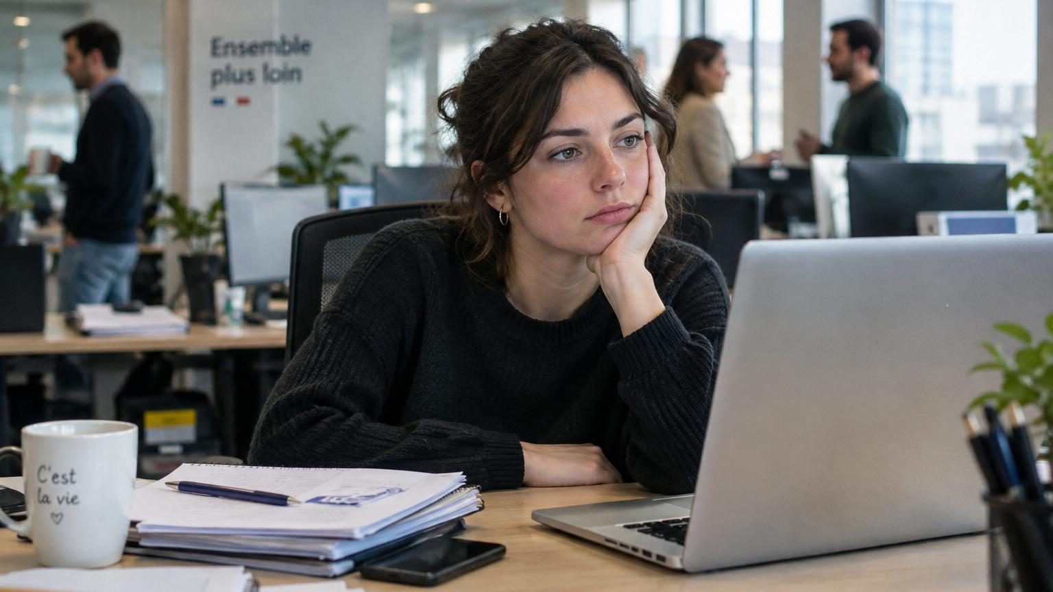 Silhouette d'une personne assise à un bureau, visage sombre et démotivé, entourée de documents répétitifs symbolisant l'ennui et le désengagement professionnel.