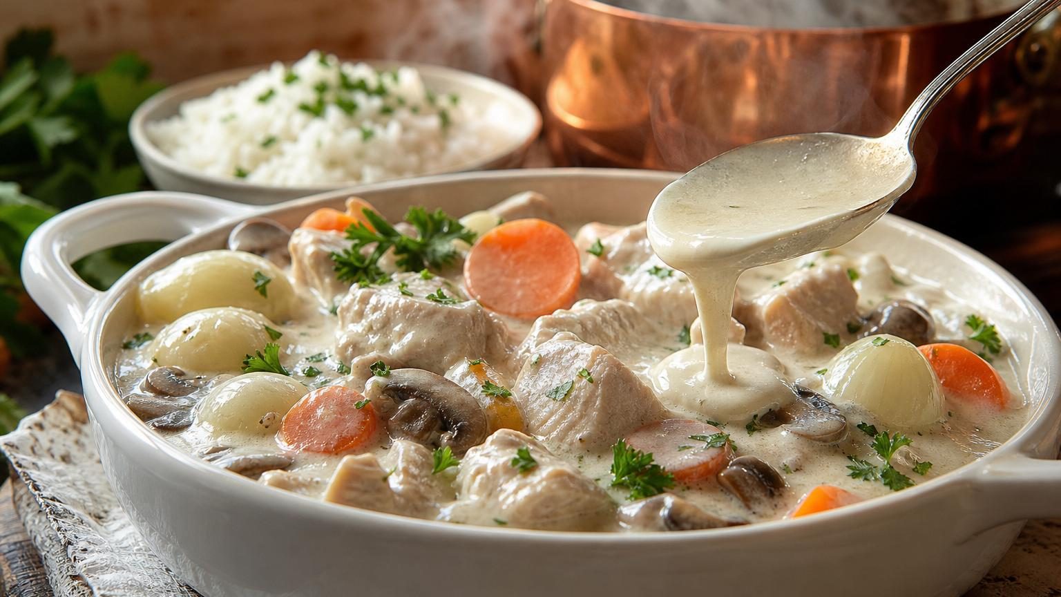 Une cocotte en céramique remplie d'une blanquette de veau blanche et onctueuse, avec des morceaux de viande tendre entourés de carotte et baignant dans une sauce crème veloutée.