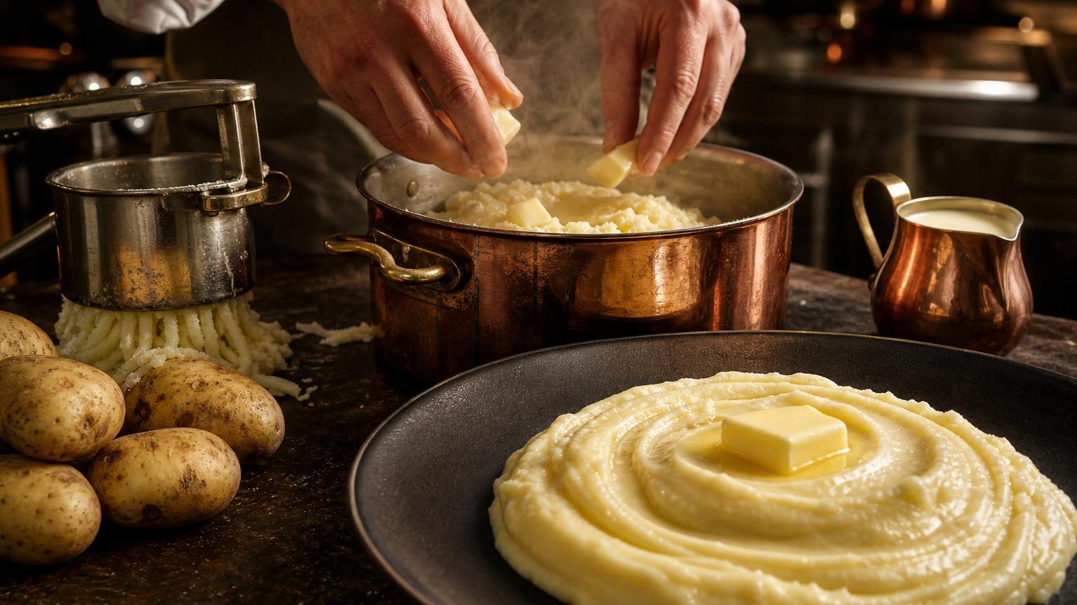 Une purée blanche, lisse et brillante, s'affaissant doucement sur une assiette, accompagnée d'une cuillère et de pommes de terre cuites en arrière-plan.