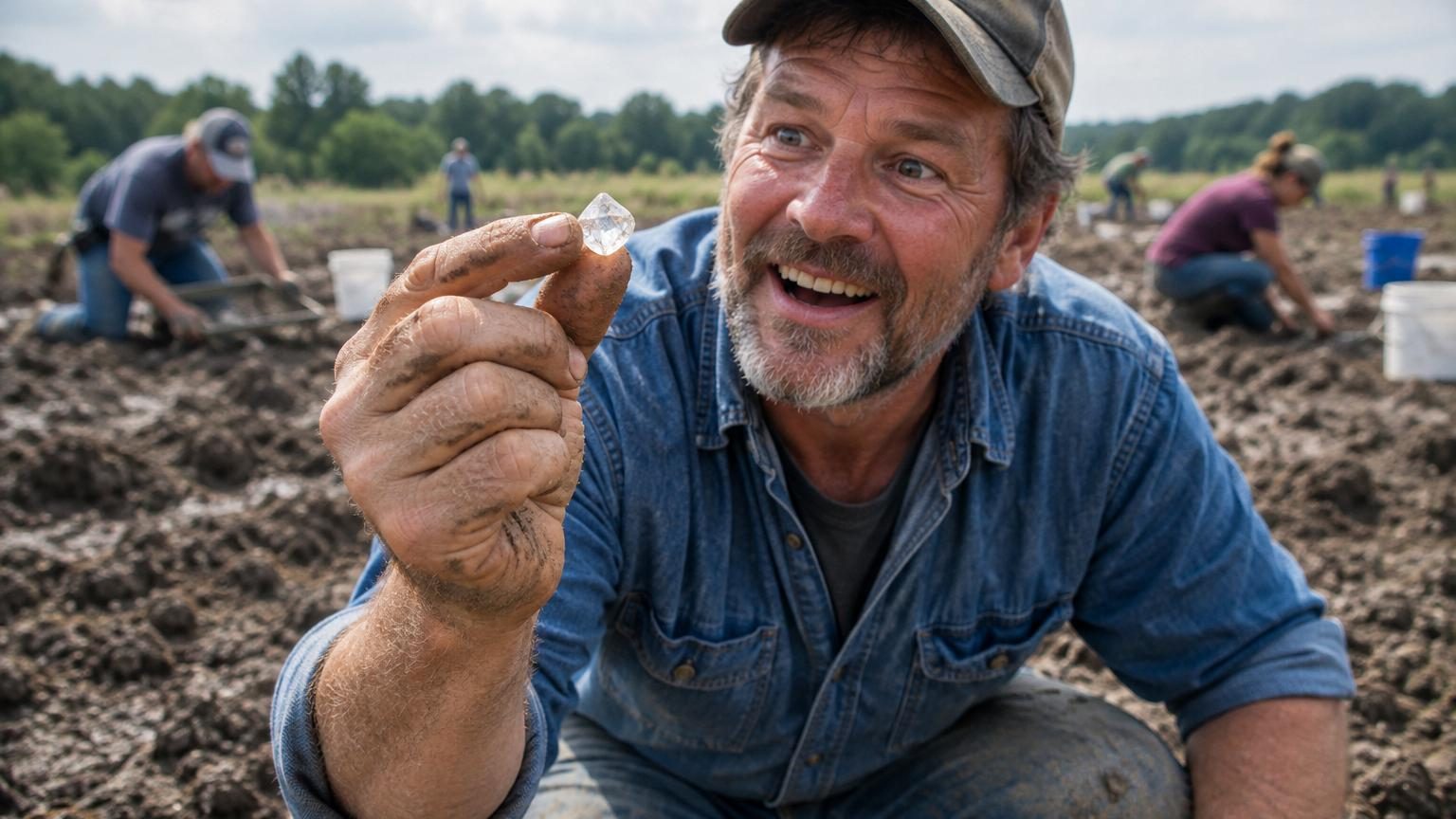 Femme fouillant la terre dans un champ de recherche de diamants, portant du matériel de tamisage sous un ciel dégagé en Arkansas.