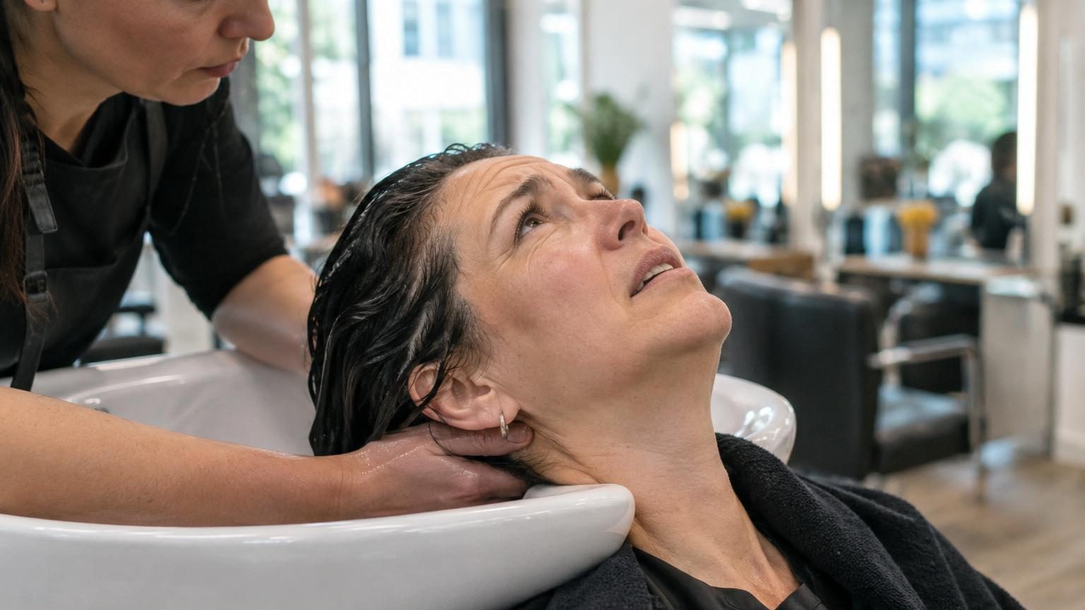 Une femme allongée en arrière sur un bac à shampoing de salon de coiffure, la nuque en hyperextension sur le rebord dur, illustration du syndrome du salon de coiffure.