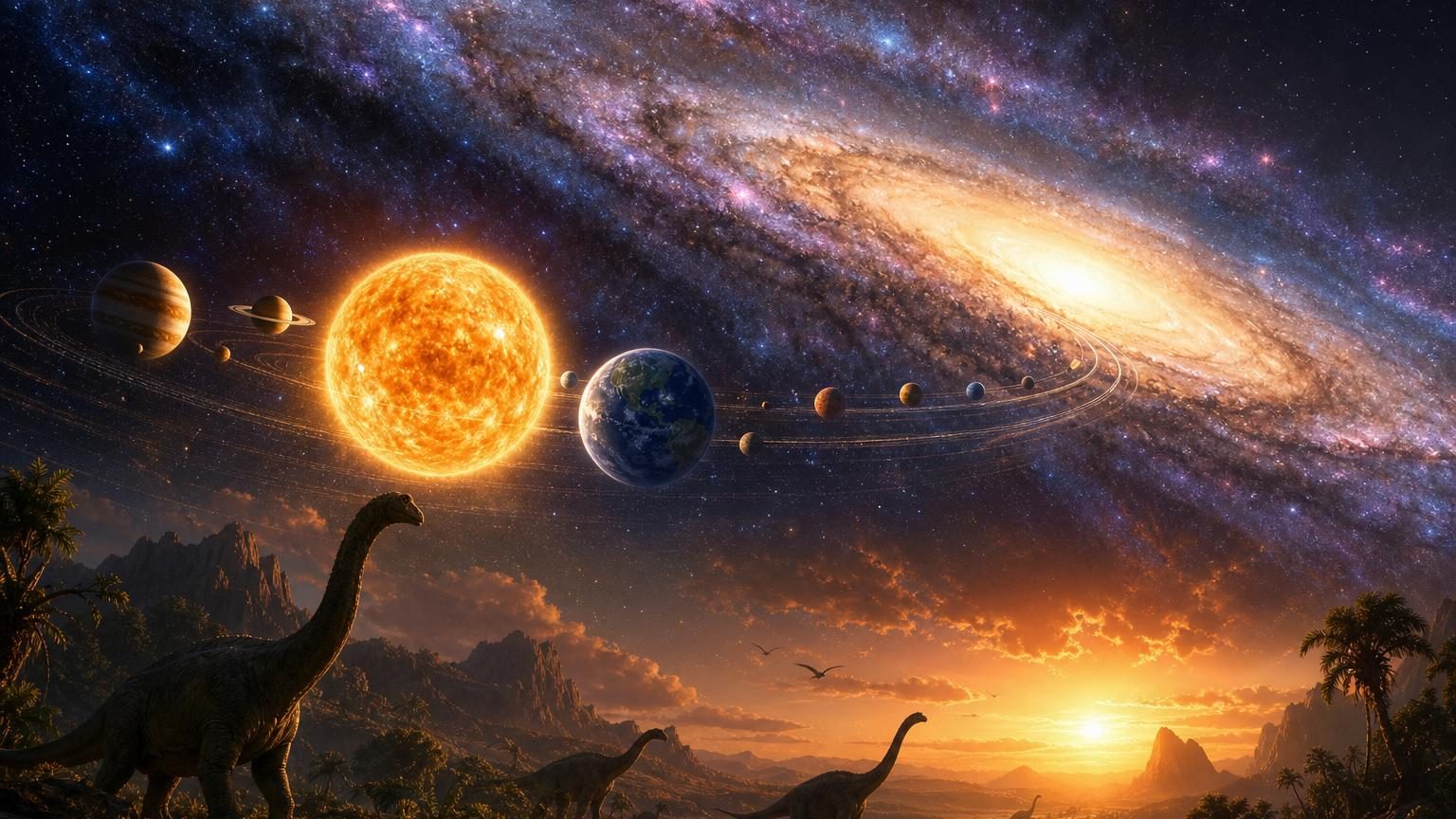 Illustration du Soleil et des planètes en orbite autour du centre de la Voie lactée, montrant le voyage cosmique du système solaire dans la galaxie.