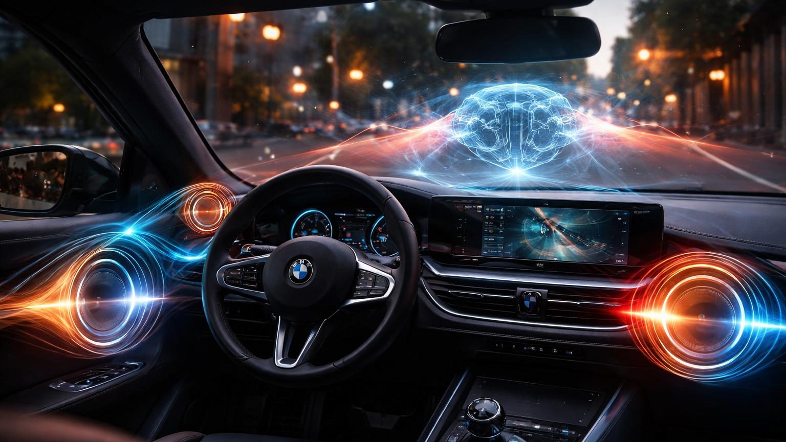 Intérieur d'une voiture moderne avec tableau de bord éclairé et haut-parleurs d'où s'échappe une onde sonore stylisée représentant le son numérique du moteur