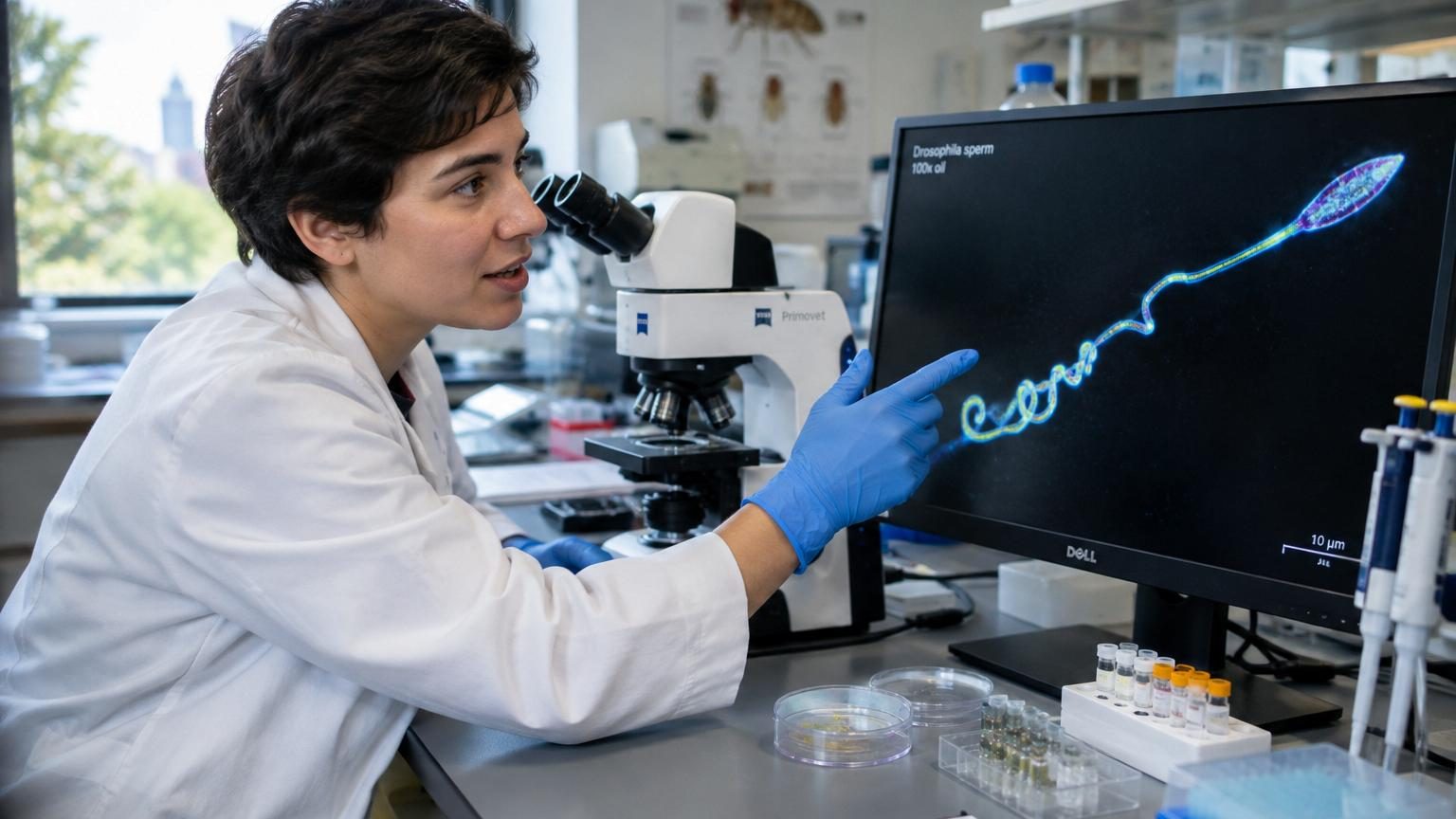 Illustration scientifique montrant des milliers de spermatozoïdes alignés et entrecroisés à l'intérieur d'une vésicule séminale microscopique, formant des flux organisés avec leurs queues tendues.