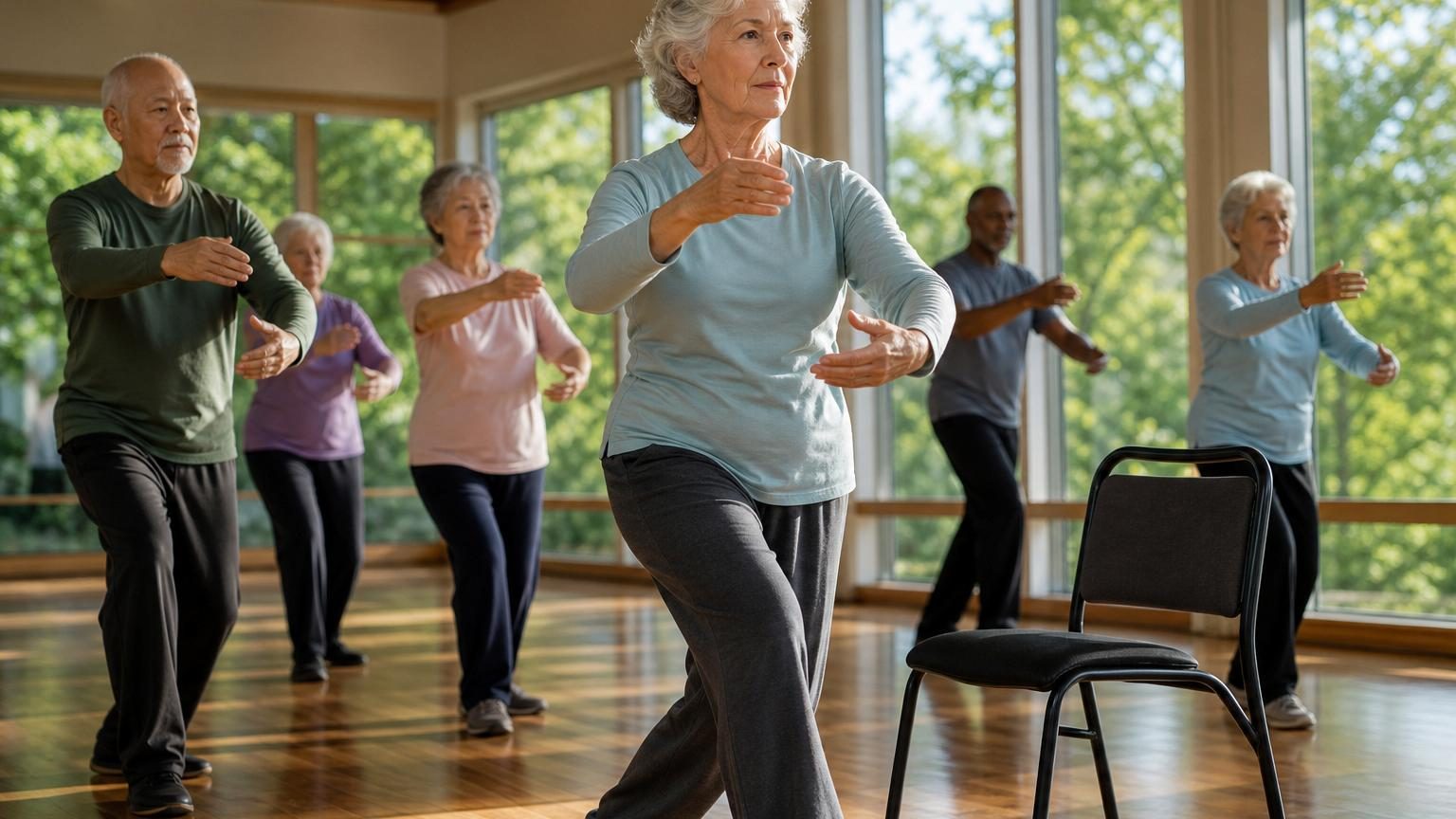 Groupe de seniors pratiquant le tai-chi en salle, effectuant des mouvements lents avec bras souples et genoux légèrement fléchis, concentrés sur leur équilibre.
