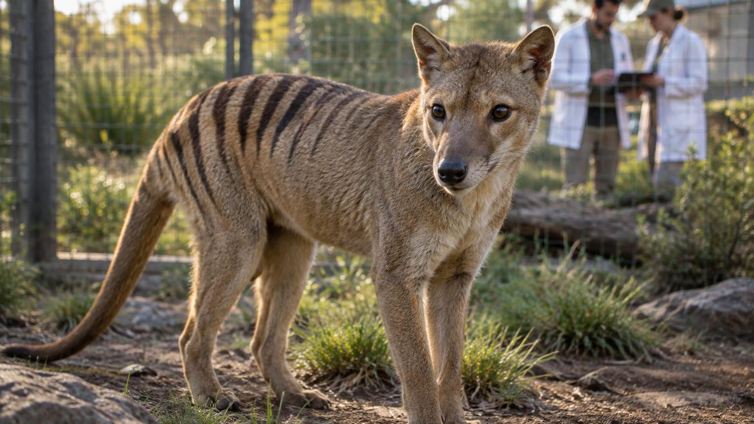 Reconstitution scientifique d'un tigre de Tasmanie (thylacine), mammifère marsupial ressemblant à un hybride étrange entre chien et kangourou, disparu depuis 1936.