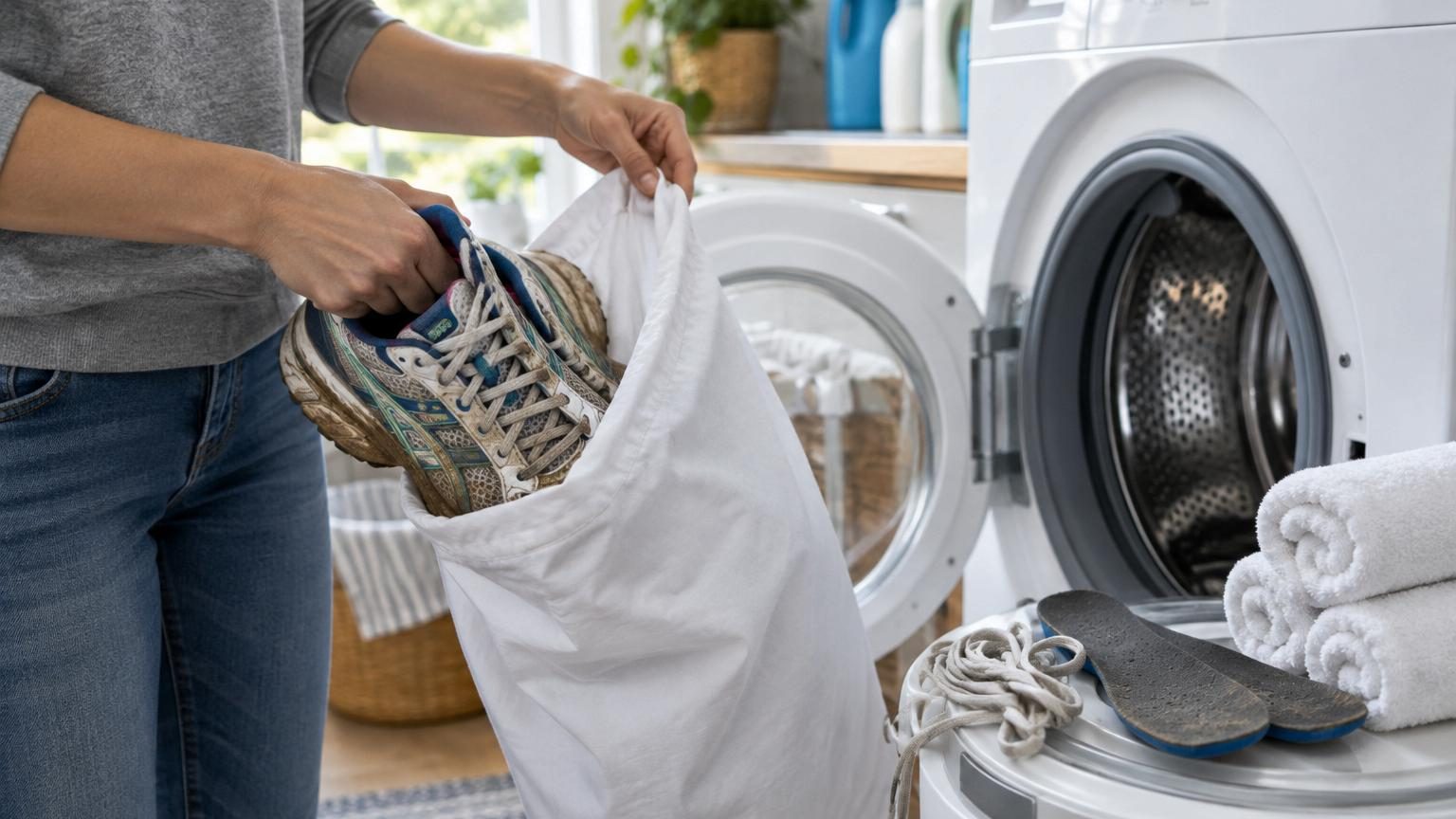 Paire de baskets blanches et grises immergée dans l'eau savonneuse d'une machine à laver, entourée de serviettes pour amortir les chocs.