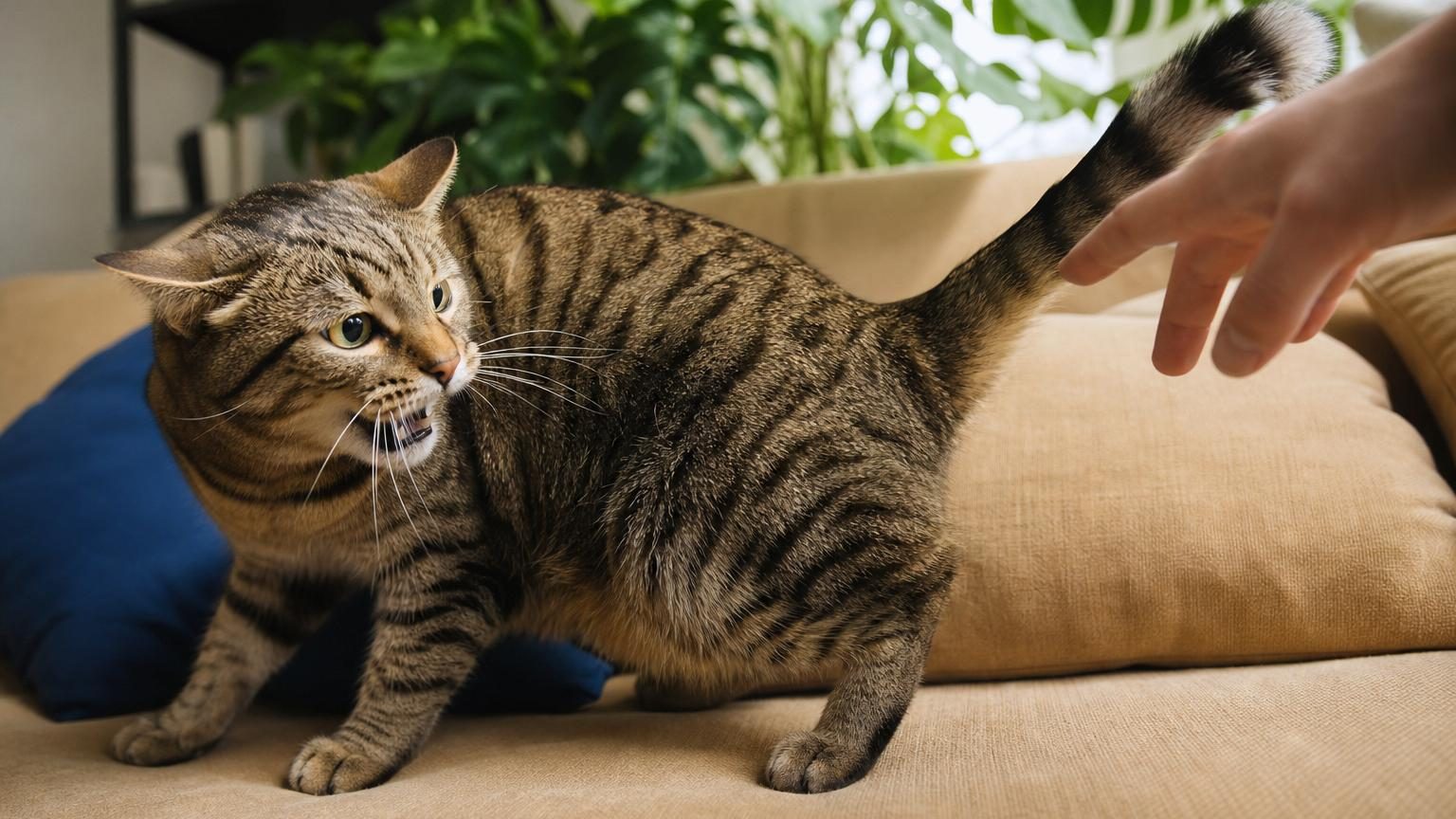 Un chat étendu sur un canapé avec les oreilles aplaties et le regard tendu, tandis qu'une main s'approche de la base de sa queue, illustrant le moment critique avant une morsure.