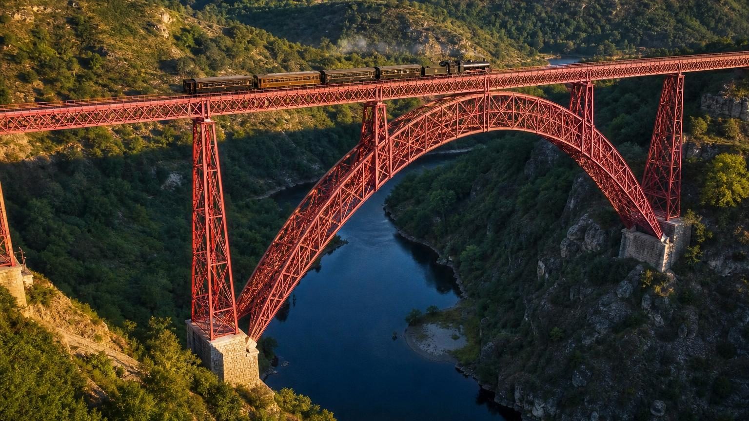 Le viaduc de Garabit enjambe la vallée de la Truyère avec son arche métallique rouge de 165 mètres, dominant l'eau de plus de 120 mètres, se découpant légèrement contre les falaises de l'Aubrac.