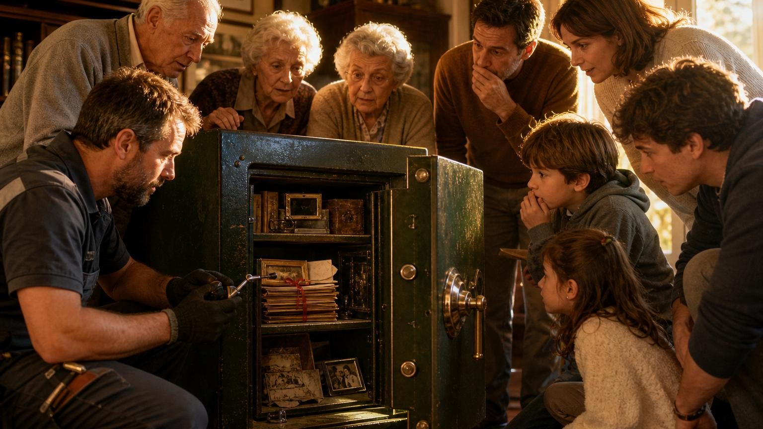 Un vieux coffre-fort vert foncé fermé depuis trente-cinq ans, entouré d'une famille réunie dans un salon, attendant son ouverture par un serrurier professionnel.