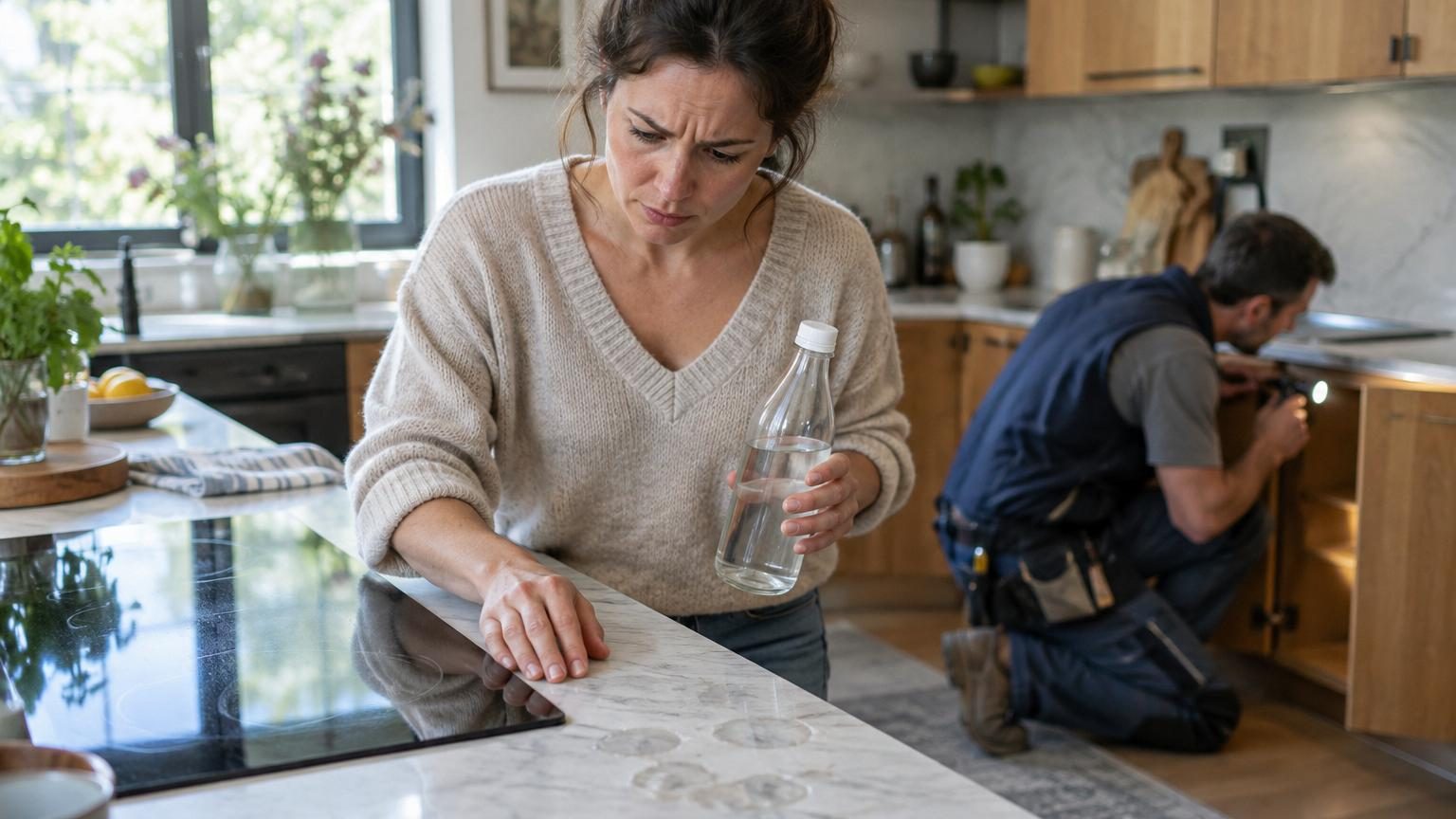 Une cuisine moderne avec un plan de travail en marbre blanc et gris, avec une main tenant un flacon de vinaigre blanc au-dessus, illustrant le risque d'endommagement.