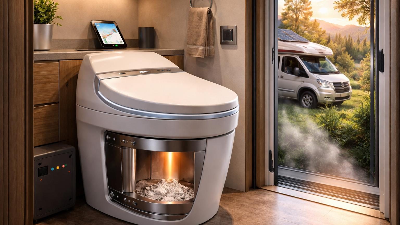 Toilette de camping-car avec panneau de commande sur le couvercle, dotée d'un système de micro-ondes pour transformer les déjections en cendres, présentée sur un salon de caravans en Allemagne.