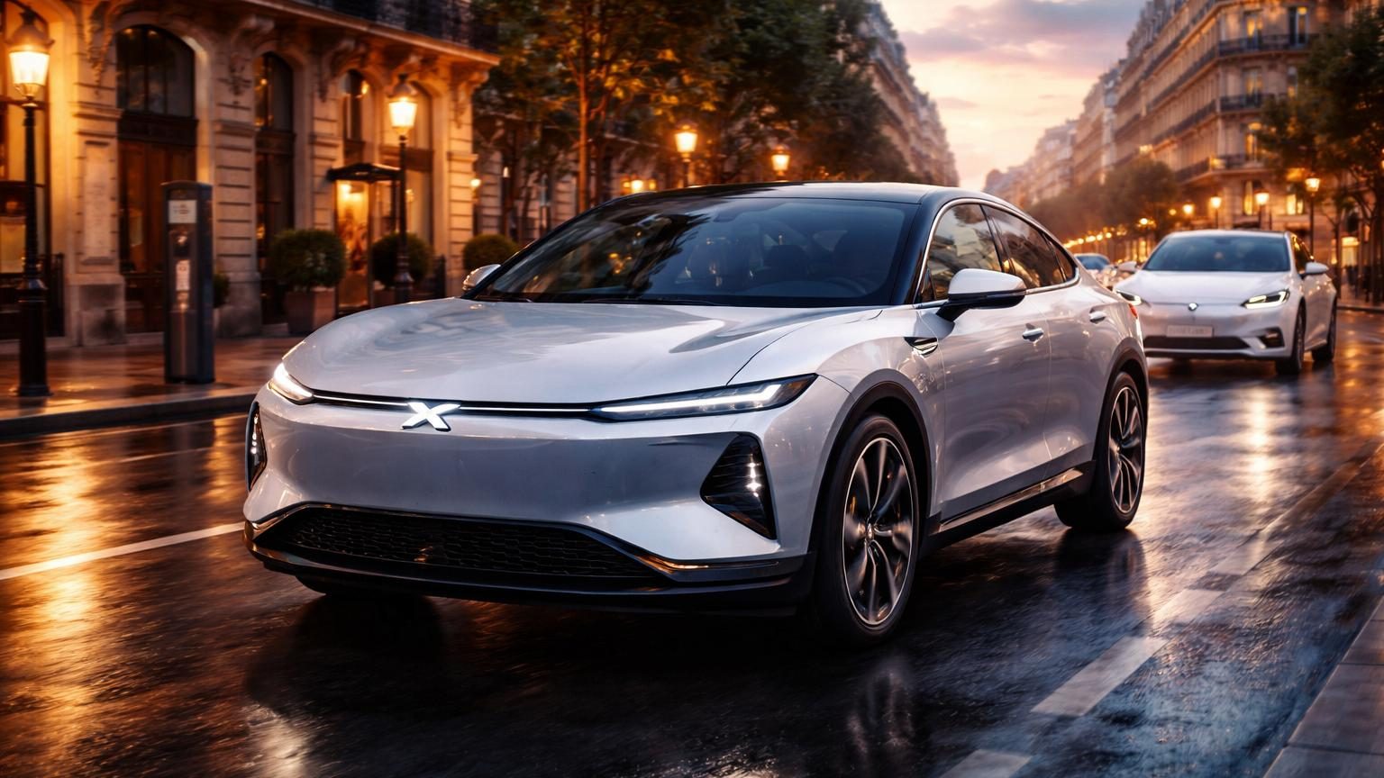 SUV coupé électrique Xpeng L03 de couleur noire présenté en profil, avec design moderne et lignes aérodynamiques, dans un contexte de showroom ou salon automobile.