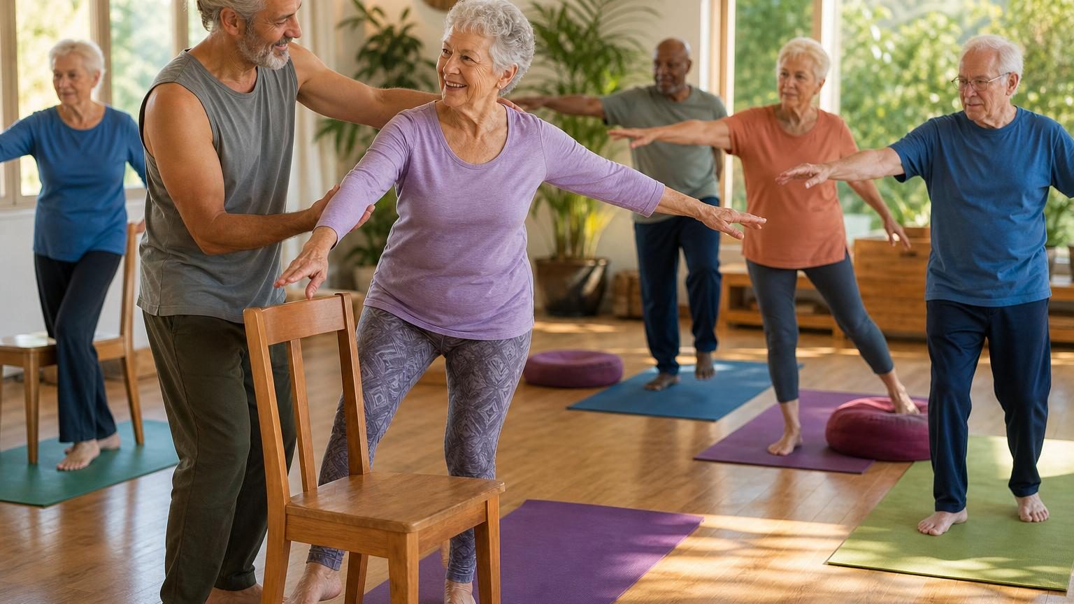 Un groupe de seniors pratiquent le yoga dans une salle lumineuse, assis sur des tapis avec des chaises à proximité, dans une atmosphère bienveillante et sans compétition.