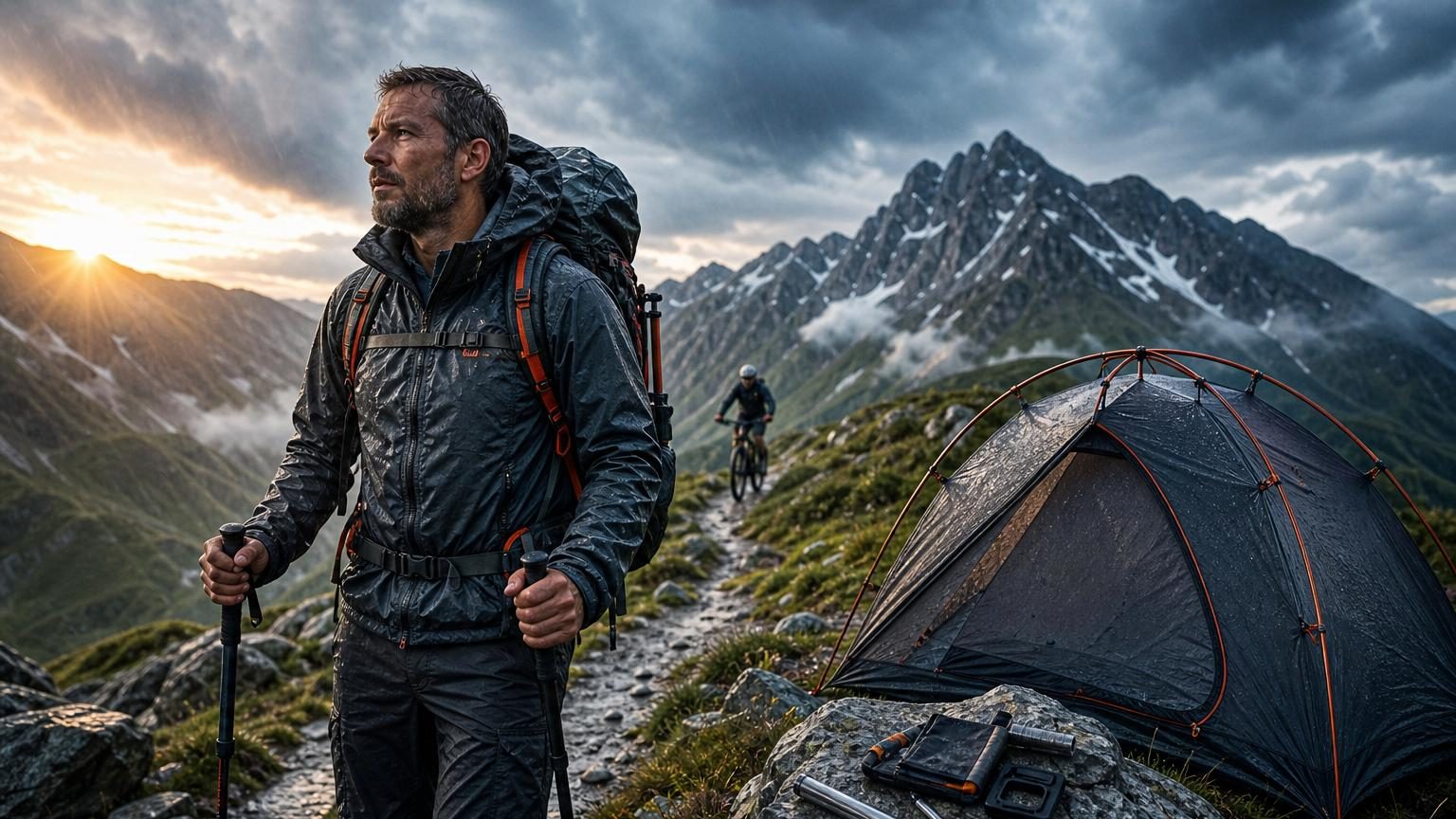 Affichage en magasin Decathlon des gammes expertes de vêtements et équipements de montagne, incluant vestes imperméables, sacs à dos et doudounes techniques