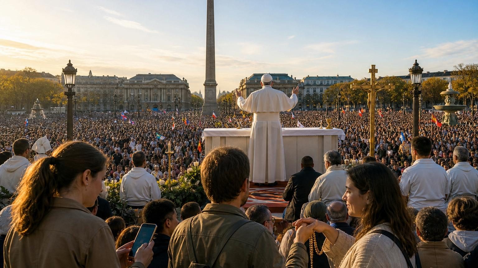 Une foule immense rassemblée place de la Concorde à Paris, avec drapeaux, chapelets et écrans géants diffusant le discours du pape Léon XIV devant environ 700 000 fidèles.