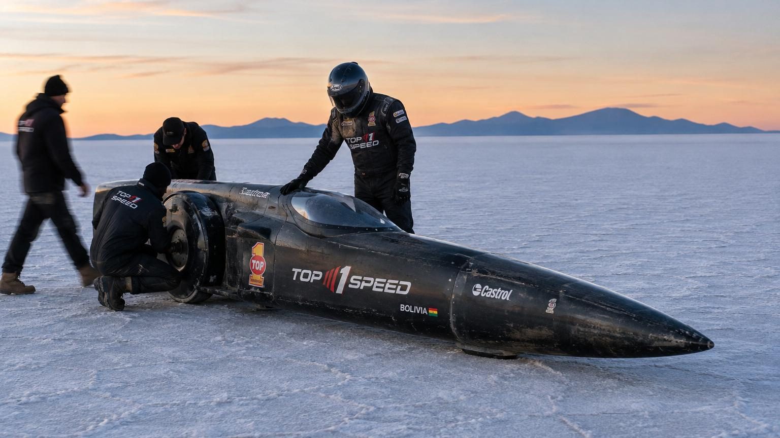 Moto fusée ACK Attack profilée comme une torpille, carénée en fibre de carbone, lancée à très haute vitesse sur une plaine de sel blanche et plane du Salar d'Uyuni.