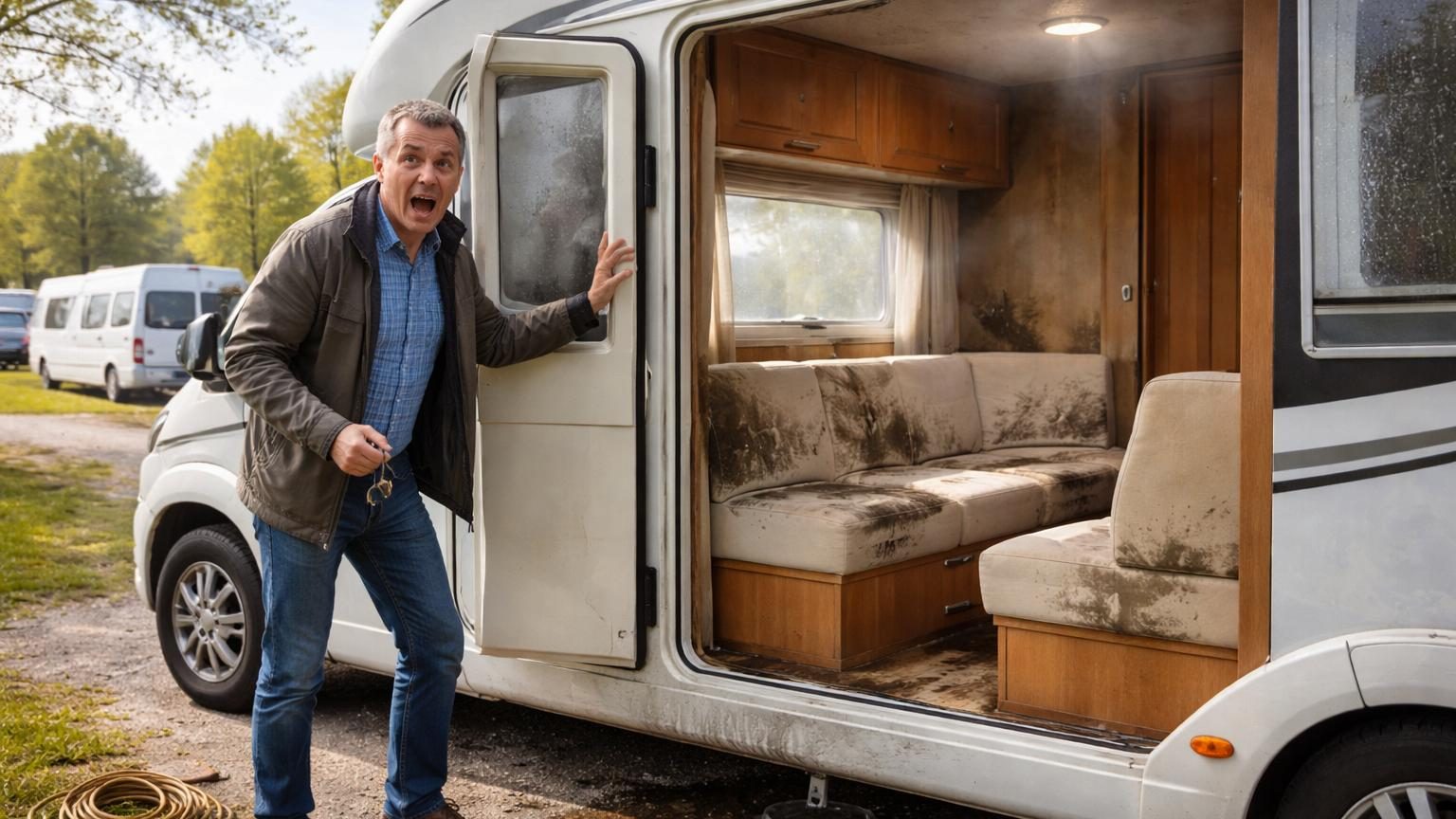 Camping-car stationné sous la pluie hivernale avec givre sur le pare-brise, rideaux fermés, montrant les conditions difficiles d'hivernage