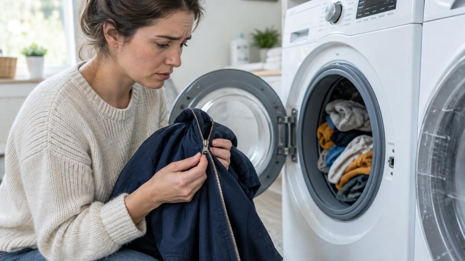 Fermeture éclair métallique ouverte sur un vêtement à l'intérieur d'un tambour de lave-linge avec joint en caoutchouc visible