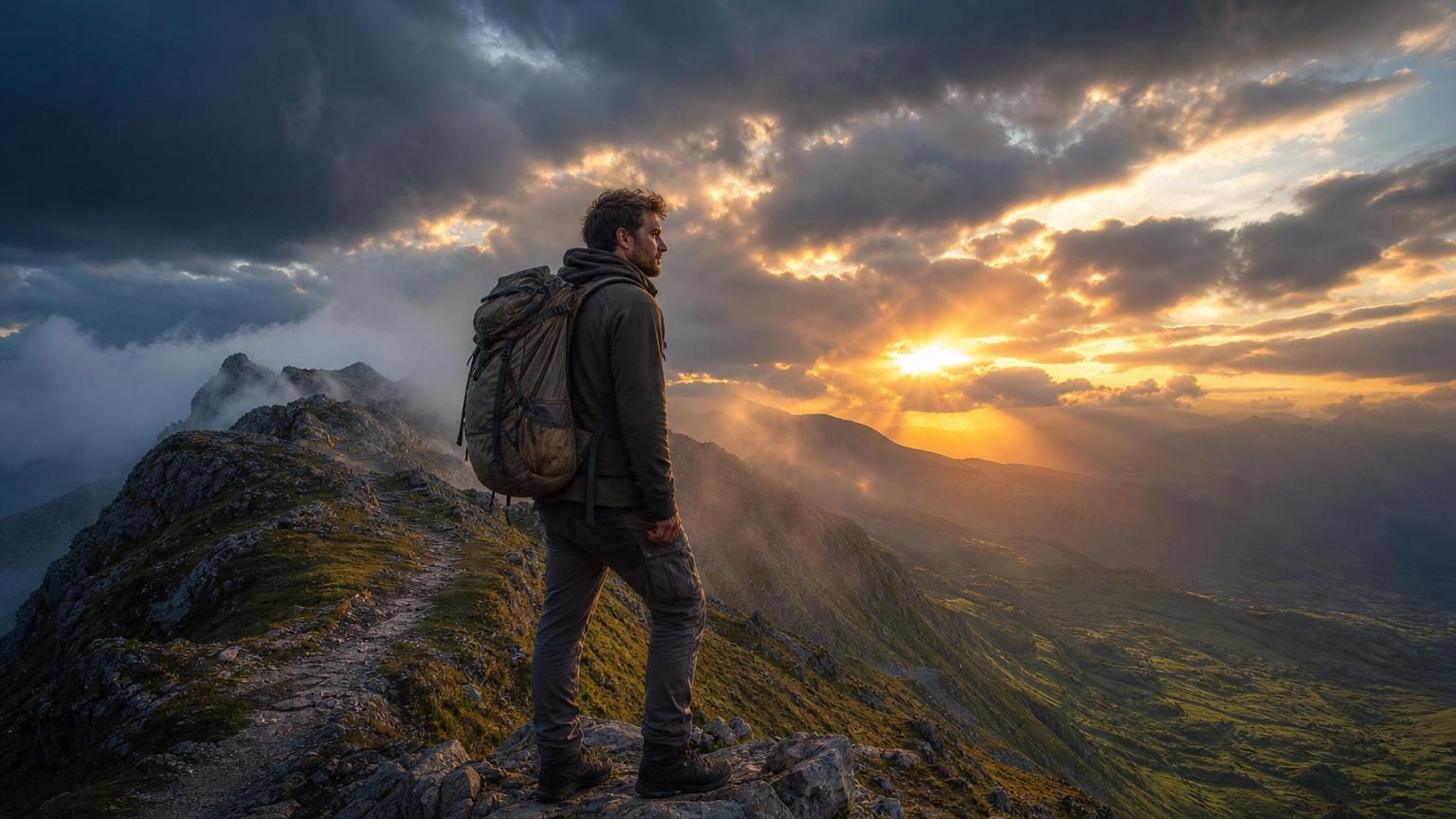 Une personne souriante escaladant progressivement une montagne ou franchissant des obstacles, symbolisant le développement graduel de la résilience personnelle.
